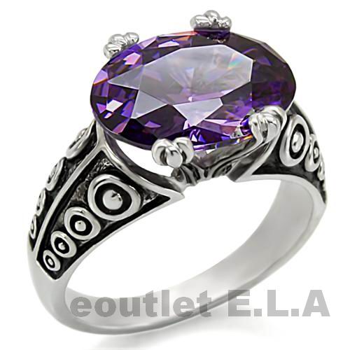 8CT OVAL PURPLE CZ STAINLESS STEEL RING-6 sizes